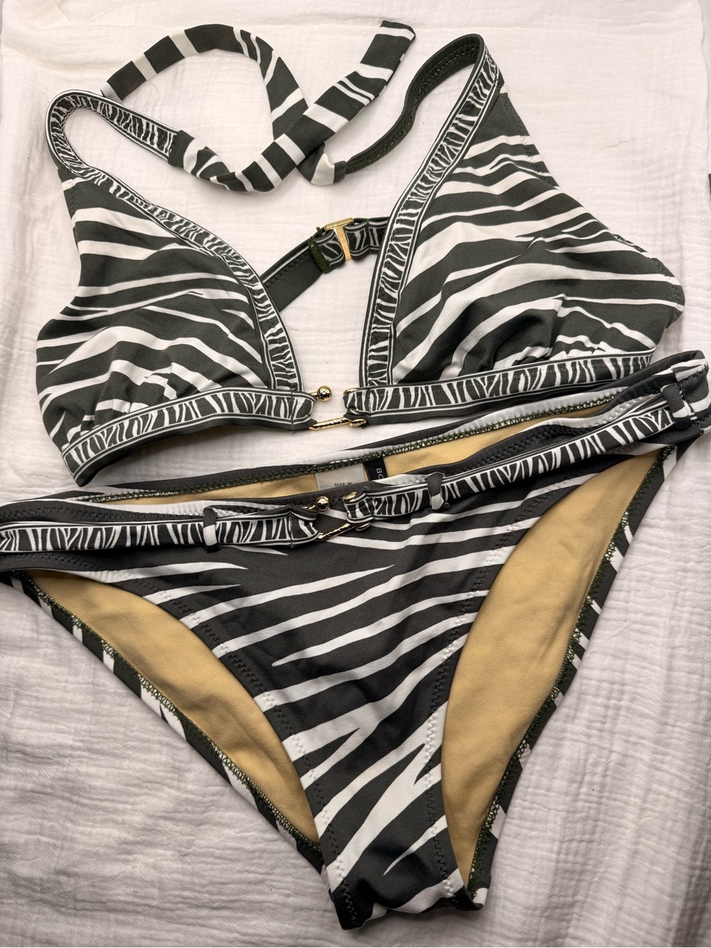 NWT BCBG MAXAZRIA Swimsuit Bikini Top & Bottom Olive/Off White Size Medium